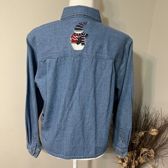 Vintage Christopher & Banks Womens Size M Blue Denim Snowman Crop Shirt Jacket - Picture 2 of 11